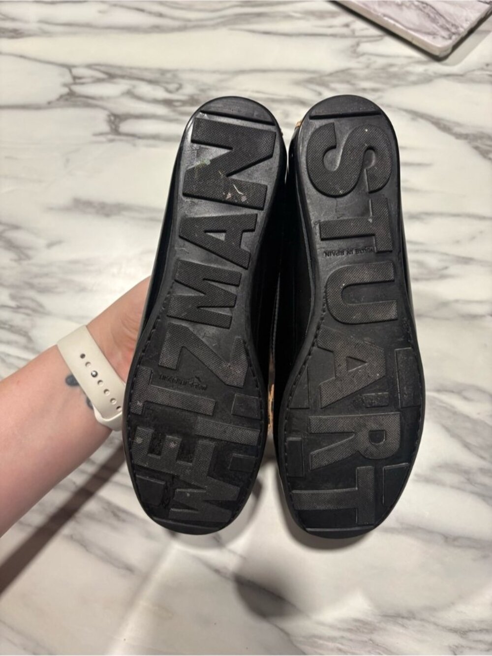 Stuart Weitzman Black Patent Loafers with Tan Trim and Tassels - Picture 9 of 11